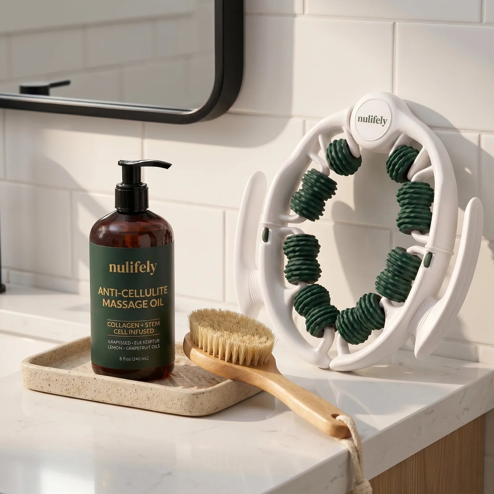 Nulifely Anti-Cellulite Massage Oil with dry brush and massage roller